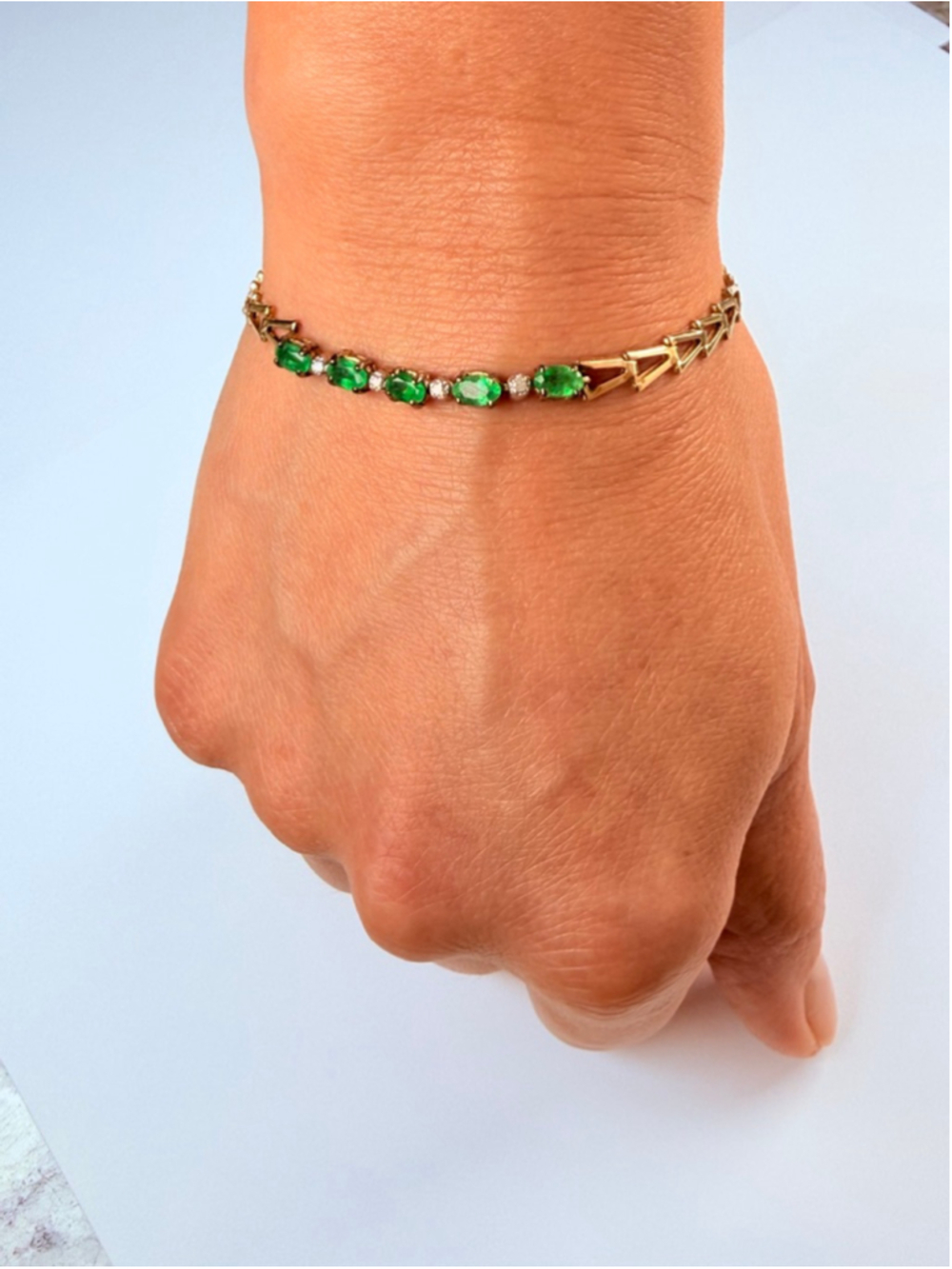 14K Solid Yellow Gold Emerald & Diamond VTG Chevron Arrow Link Tennis Bracelet - Picture 6 of 12